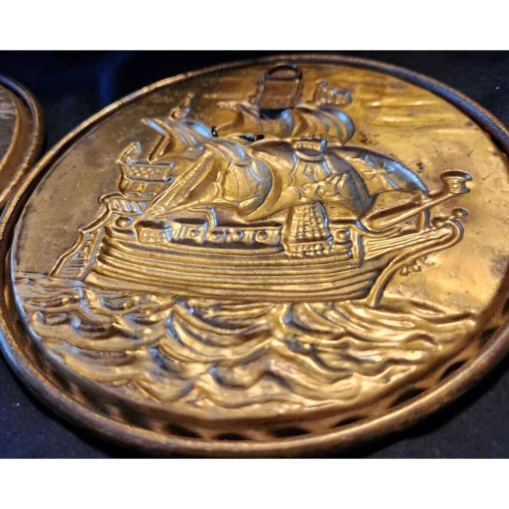 2 Vintage Embossed Brass Wall Decor w/  Sailing Ships & Seagulls 8” England - Picture 6 of 7